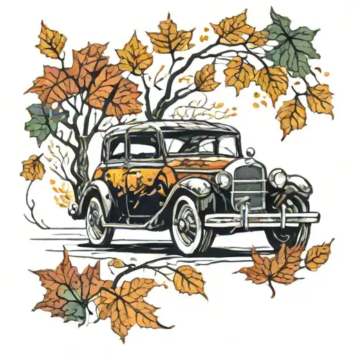 car driving in fall leaves and trees tattoo design idea