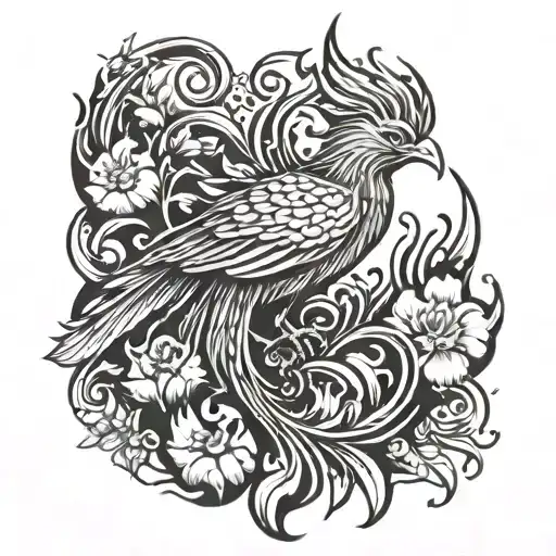 small phoenix bird with flames behind him and flowers tattoo design idea