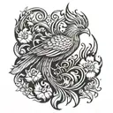 small phoenix bird with flames behind him and flowers tattoo design idea