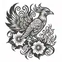 small phoenix bird with flames behind him and flowers tattoo design idea