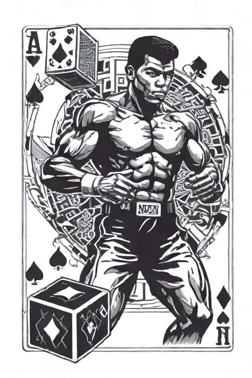 Muhammad ali "phantom punch" pose with rubix cube and a playing card 4 of hearts plus a pharaoh  tattoo design idea