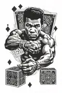 Muhammad ali "phantom punch" pose with rubix cube and a playing card 4 of hearts plus a pharaoh  tattoo design idea