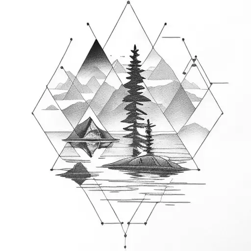 nice view with a lake on the background and having camping, nature, starwars icons on the front tattoo design idea