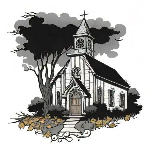 An old chapel with wooden windows and doors in an autumn setting, with bare trees, clouds, a foot path, random leaves, and a Christian theme, all in shades of grey, white, and black tattoo design idea