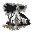 An old chapel with wooden windows and doors in an autumn setting, with bare trees, clouds, a foot path, random leaves, and a Christian theme, all in shades of grey, white, and black tattoo design idea