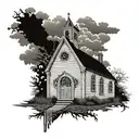 An old chapel with wooden windows and doors in an autumn setting, with bare trees, clouds, a foot path, random leaves, and a Christian theme, all in shades of grey, white, and black tattoo design idea