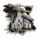An old chapel with wooden windows and doors in an autumn setting, with bare trees, clouds, a foot path, random leaves, and a Christian theme, all in shades of grey, white, and black tattoo design idea