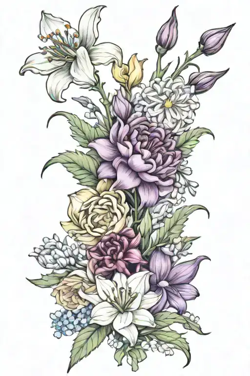 Bouquet with: Carnation Snowdrop Violet Larkspur chrysanthemum narcissus tattoo design idea