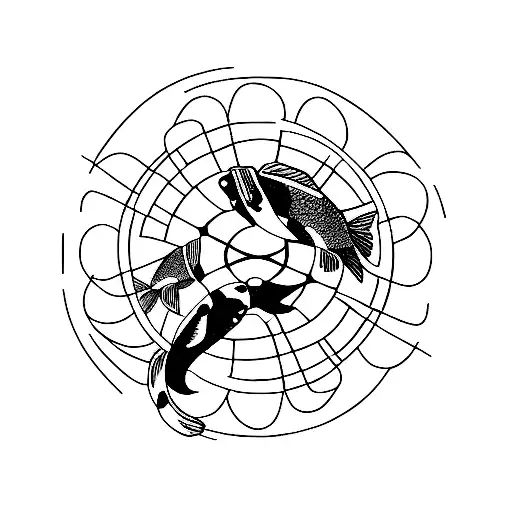 Koi fish and clown fish in a circle shape with an abstract background to represent the water element tattoo design idea