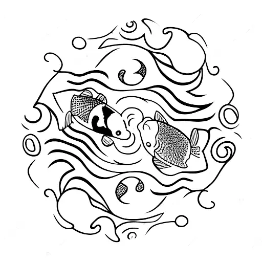 Koi fish and clown fish in a yin yang shape with an abstract background to represent the water element tattoo design idea