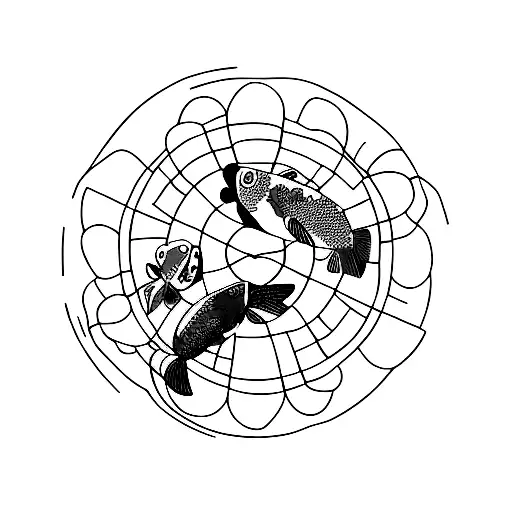 Koi fish and clown fish in a circle shape with an abstract background to represent the water element tattoo design idea