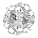 Koi fish and clown fish in a yin yang shape with an abstract background to represent the water element tattoo design idea