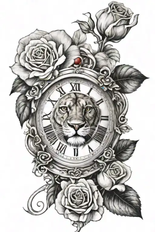 lion eye clock rose intertwined tattoo design idea
