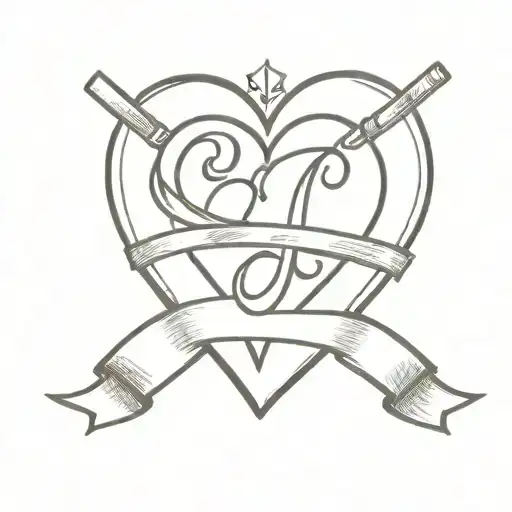 A sketch style tattoo of a heart with a banner wrapped around it containing the initials 'g' and 'b' tattoo design idea