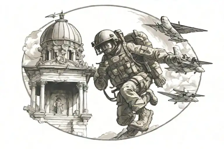 Create a realistic depiction of a military paratrooper landing next to a shrine of the Virgen del Valle tattoo design idea
