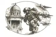 Create a realistic depiction of a military paratrooper landing next to a shrine of the Virgen del Valle tattoo design idea
