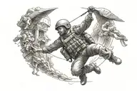 Create a realistic depiction of a military paratrooper landing next to a shrine of the Virgen del Valle tattoo design idea