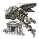 Create a realistic depiction of a military paratrooper landing next to a shrine of the Virgen del Valle tattoo design idea