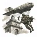 Create a realistic depiction of a military paratrooper landing next to a shrine of the Virgen del Valle tattoo design idea