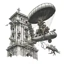 Create a realistic depiction of a military paratrooper landing next to a shrine of the Virgen del Valle tattoo design idea