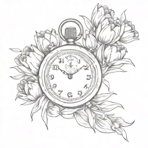stopwatch surrounded by tulips coming tattoo design idea