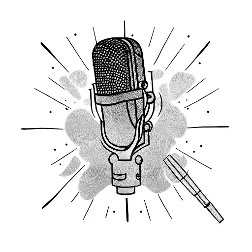 A minimalist tattoo of a paintbrush and a microphone crossed together with the name Frida above  tattoo design idea