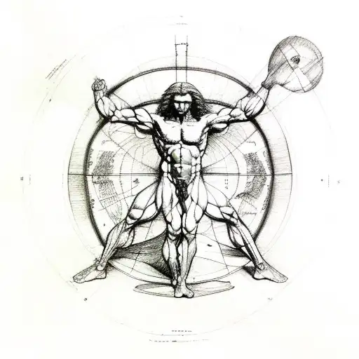 A sketch-style tattoo of a muscular figure inspired by Leonardo da Vinci's Vitruvian Man tattoo design idea