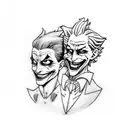 A black and white tattoo of the joker from dc and Hisoka from hunterxhunter, with Hisoka's hair and the joker's smile. Above the tattoo, it should say 'We're all mad here' in the joker's font. The creation should be holding up 4 aces between its hands, suspending them in the air using bungee gum. tattoo design idea