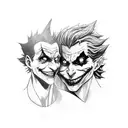 A black and white tattoo of the joker from dc and Hisoka from hunterxhunter, with Hisoka's hair and the joker's smile. Above the tattoo, it should say 'We're all mad here' in the joker's font. The creation should be holding up 4 aces between its hands, suspending them in the air using bungee gum. tattoo design idea
