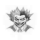 A black and white tattoo of the joker from dc and Hisoka from hunterxhunter, with Hisoka's hair and the joker's smile. Above the tattoo, it should say 'We're all mad here' in the joker's font. The creation should be holding up 4 aces between its hands, suspending them in the air using bungee gum. tattoo design idea