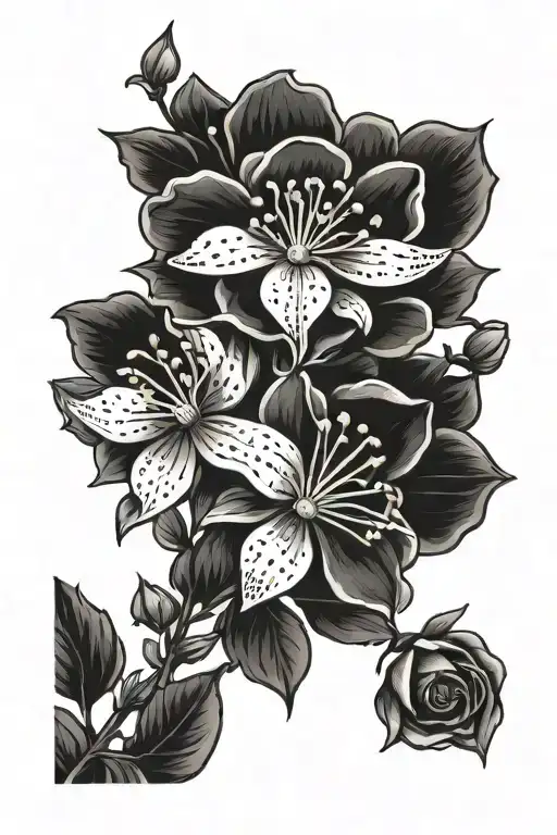 Blackwork "Daisy, Lily Of The Valley, Rose..." Tattoo Idea BlackInk AI
