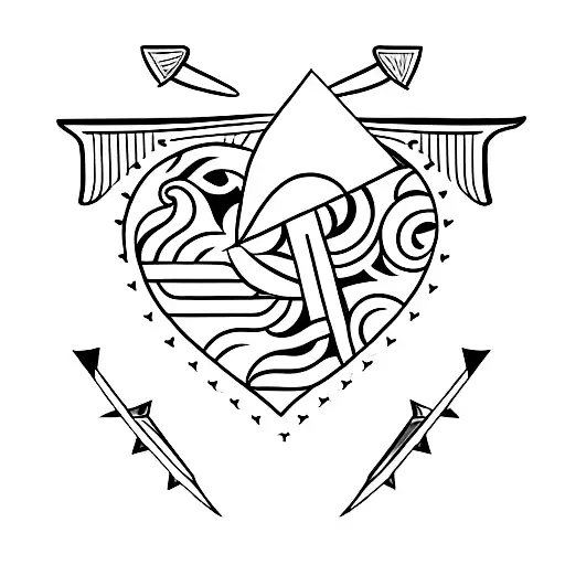 A minimalist tattoo of a heart pierced by an arrow, with a subtle airplane silhouette in the background tattoo design idea