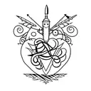 A minimalist tattoo of a heart pierced by an arrow, with a subtle airplane silhouette in the background tattoo design idea