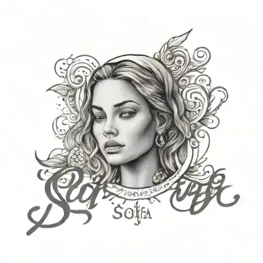 saint jude close up face with light shinning and the name sofia in cursive  tattoo design idea