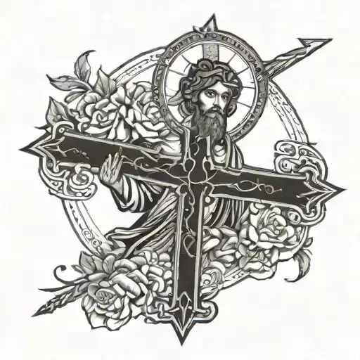 saint jude with cross in the back ground and light shining off and the name sofia at the bottom tattoo design idea
