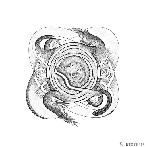 broken infinity sign made if a cobra and snake and inside the two circles one side ying and yang and ouroboro dragon tattoo design idea
