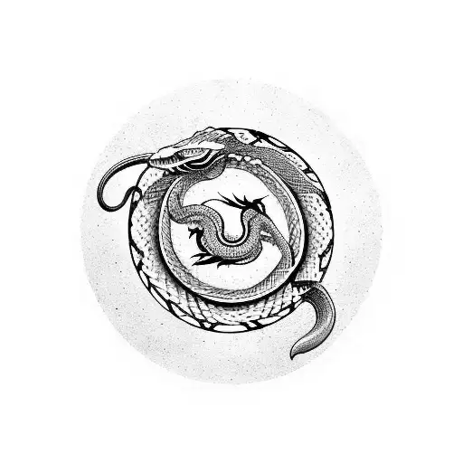 broken infinity sign made of a cobra and snake and inside the two circles one side ying and yang and ouroboro dragon tattoo design idea