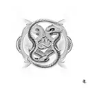 broken infinity sign made if a cobra and snake and inside the two circles one side ying and yang and ouroboro dragon tattoo design idea