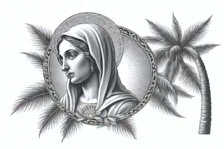 Virgin Mary holding a sun in one hand and a palm tree in the other, with rays of light shining down tattoo design idea