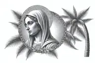 Virgin Mary holding a sun in one hand and a palm tree in the other, with rays of light shining down tattoo design idea