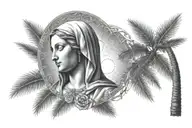 Virgin Mary holding a sun in one hand and a palm tree in the other, with rays of light shining down tattoo design idea