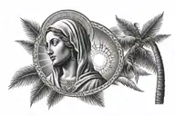 Virgin Mary holding a sun in one hand and a palm tree in the other, with rays of light shining down tattoo design idea