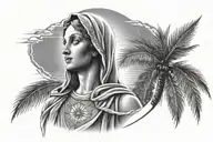 Virgin Mary holding a sun in one hand and a palm tree in the other, with rays of light shining down tattoo design idea