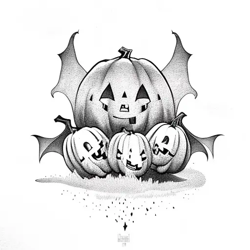 ghost holding pumpkin in hands with bats and leaves flying around  tattoo design idea