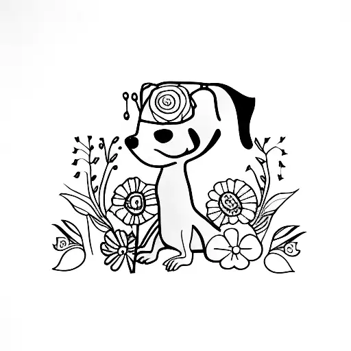 A weenie dog and a meerkat surrounded by flowers tattoo design idea