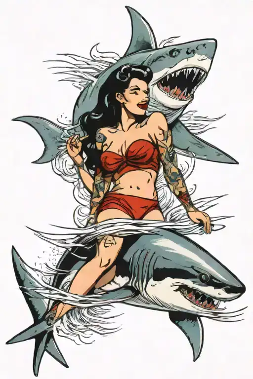 great white shark and pin up girl riden it tattoo design idea