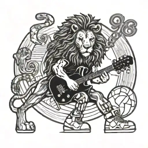 A lion wearing a jersey with '1989' on it, playing a guitar shaped like a basketball tattoo design idea