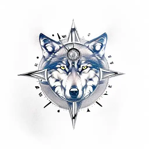 wolf, compass, clock 00:00 tattoo design idea
