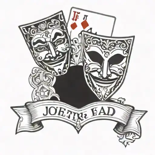 A blackwork tattoo of two theatre masks, one happy and one sad, with the J card of poker in the right hand tattoo design idea