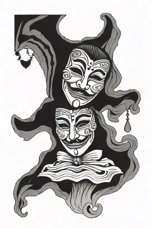 tattoo of two theatre masks, one happy and one sad but the happy mask above the other  tattoo design idea
